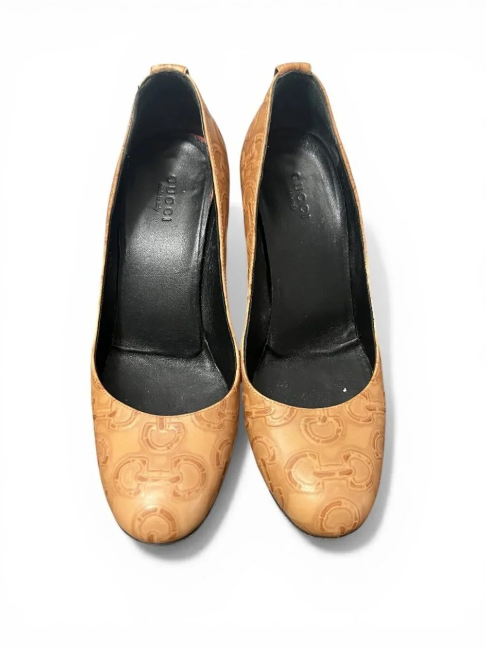 Gucci Beige Embossed Leather Wedge Pumps with GG Logo Detail Size 7 US / 37 EU